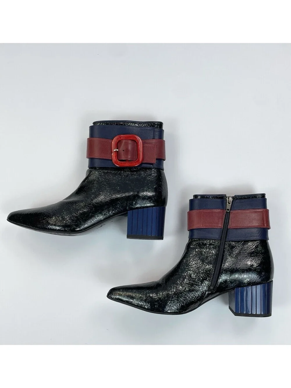 John Fluevog Effortless Miranda Boots Patent Leather Red Buckle Ankle 9.5